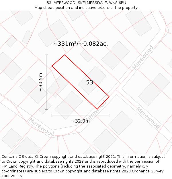 53, MEREWOOD, SKELMERSDALE, WN8 6RU: Plot and title map
