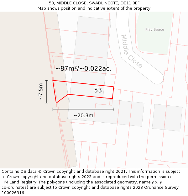 53, MIDDLE CLOSE, SWADLINCOTE, DE11 0EF: Plot and title map