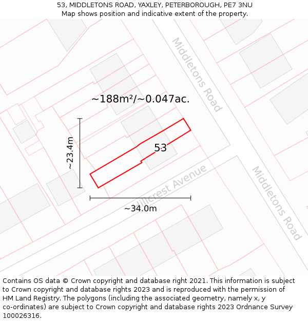 53, MIDDLETONS ROAD, YAXLEY, PETERBOROUGH, PE7 3NU: Plot and title map