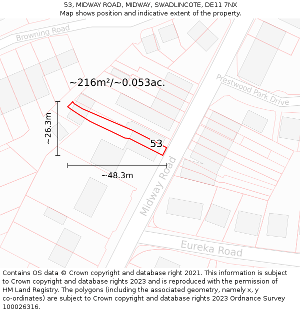 53, MIDWAY ROAD, MIDWAY, SWADLINCOTE, DE11 7NX: Plot and title map