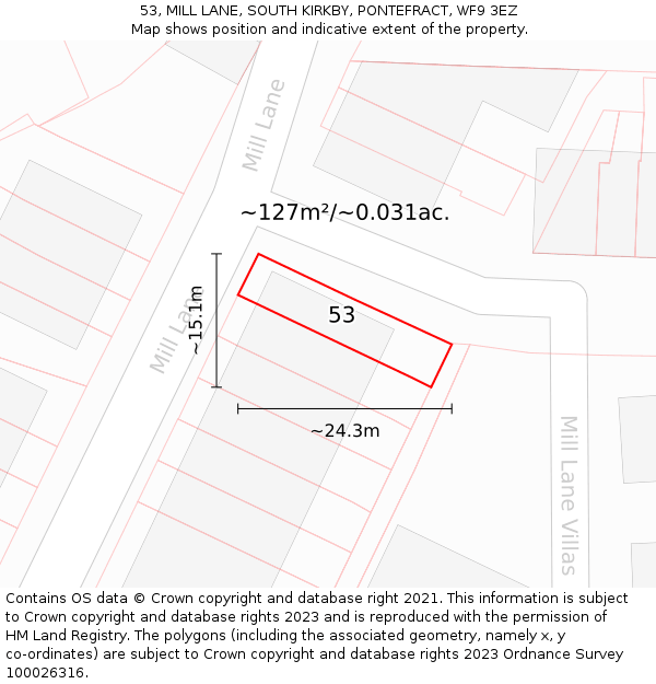 53, MILL LANE, SOUTH KIRKBY, PONTEFRACT, WF9 3EZ: Plot and title map