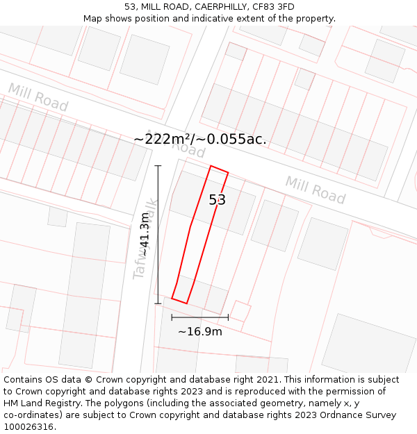 53, MILL ROAD, CAERPHILLY, CF83 3FD: Plot and title map