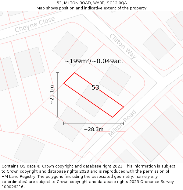 53, MILTON ROAD, WARE, SG12 0QA: Plot and title map