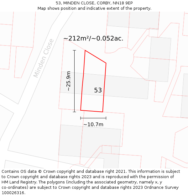 53, MINDEN CLOSE, CORBY, NN18 9EP: Plot and title map