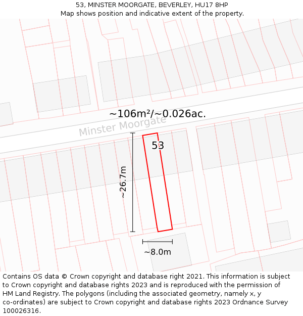 53, MINSTER MOORGATE, BEVERLEY, HU17 8HP: Plot and title map