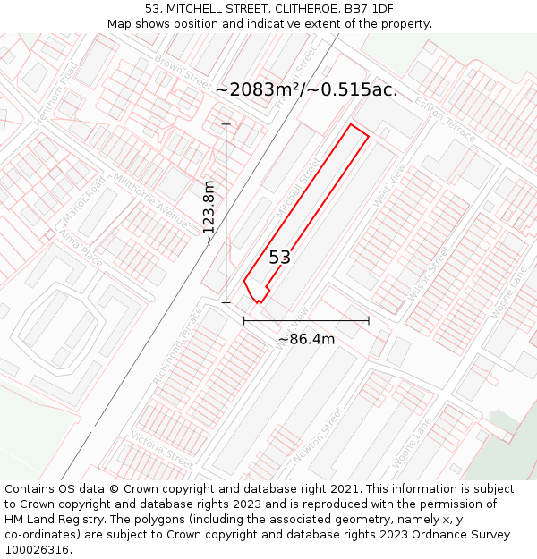 53, MITCHELL STREET, CLITHEROE, BB7 1DF: Plot and title map