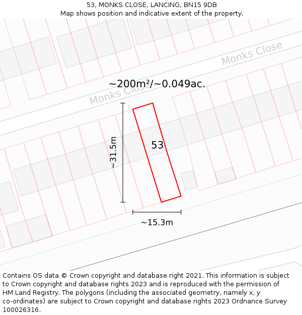 53, MONKS CLOSE, LANCING, BN15 9DB: Plot and title map