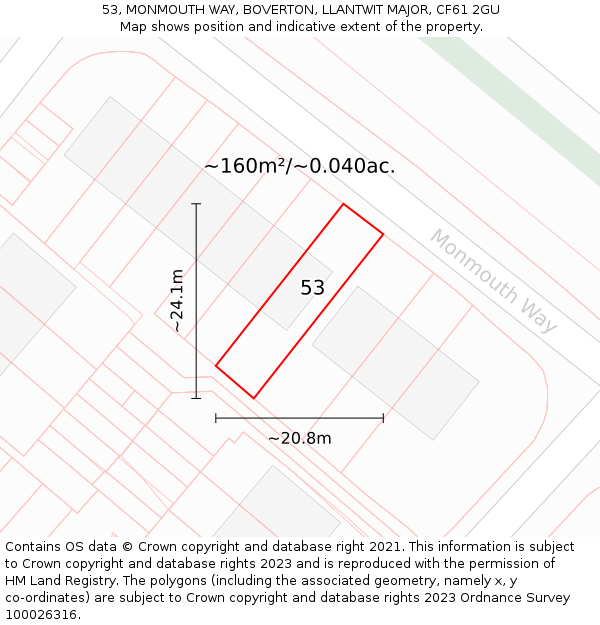 53, MONMOUTH WAY, BOVERTON, LLANTWIT MAJOR, CF61 2GU: Plot and title map