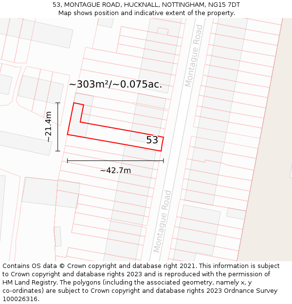 53, MONTAGUE ROAD, HUCKNALL, NOTTINGHAM, NG15 7DT: Plot and title map