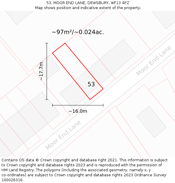 53, MOOR END LANE, DEWSBURY, WF13 4PZ: Plot and title map