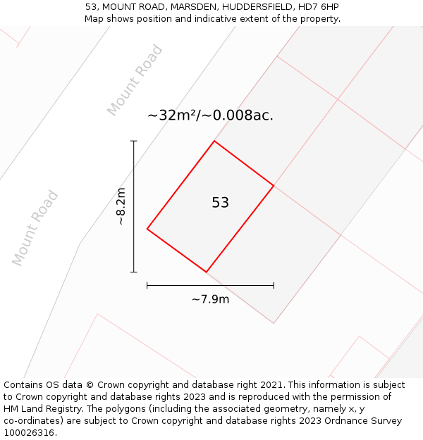 53, MOUNT ROAD, MARSDEN, HUDDERSFIELD, HD7 6HP: Plot and title map