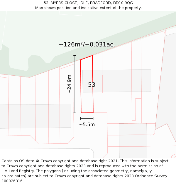 53, MYERS CLOSE, IDLE, BRADFORD, BD10 9QG: Plot and title map