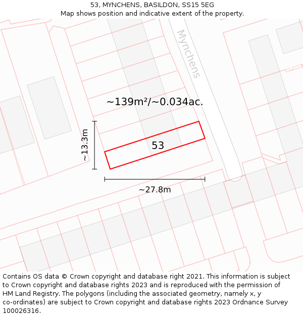53, MYNCHENS, BASILDON, SS15 5EG: Plot and title map