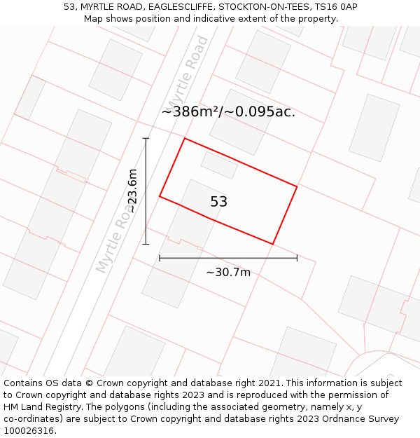 53, MYRTLE ROAD, EAGLESCLIFFE, STOCKTON-ON-TEES, TS16 0AP: Plot and title map