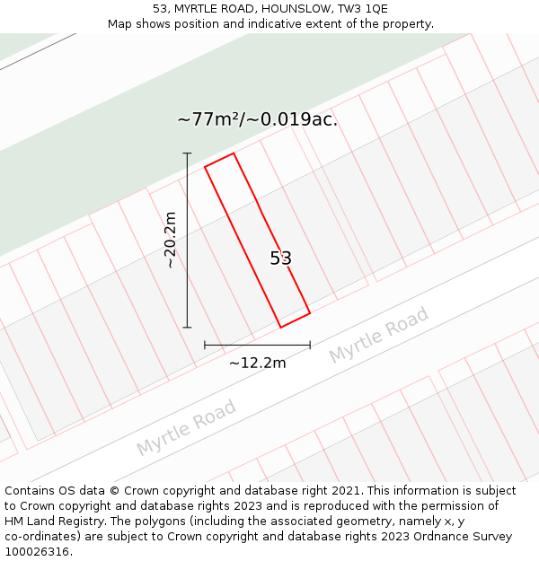 53, MYRTLE ROAD, HOUNSLOW, TW3 1QE: Plot and title map