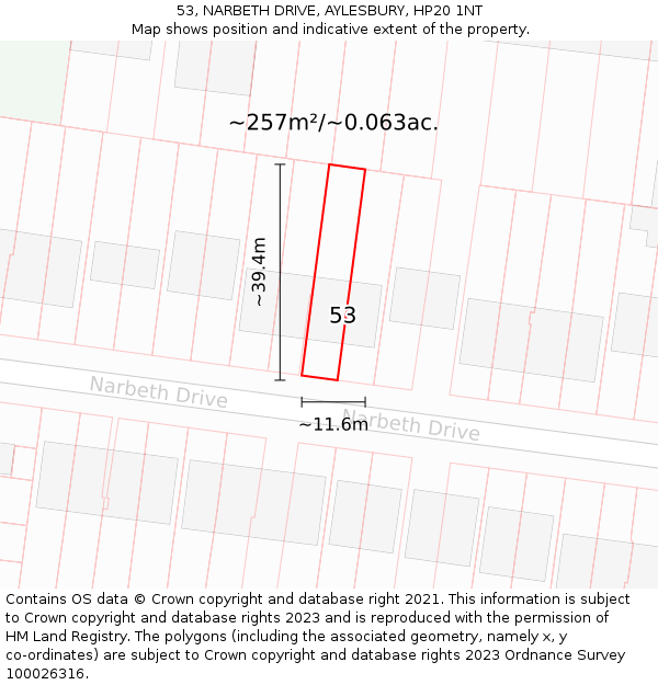 53, NARBETH DRIVE, AYLESBURY, HP20 1NT: Plot and title map
