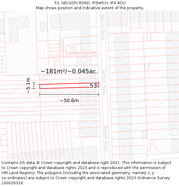 53, NELSON ROAD, IPSWICH, IP4 4DU: Plot and title map