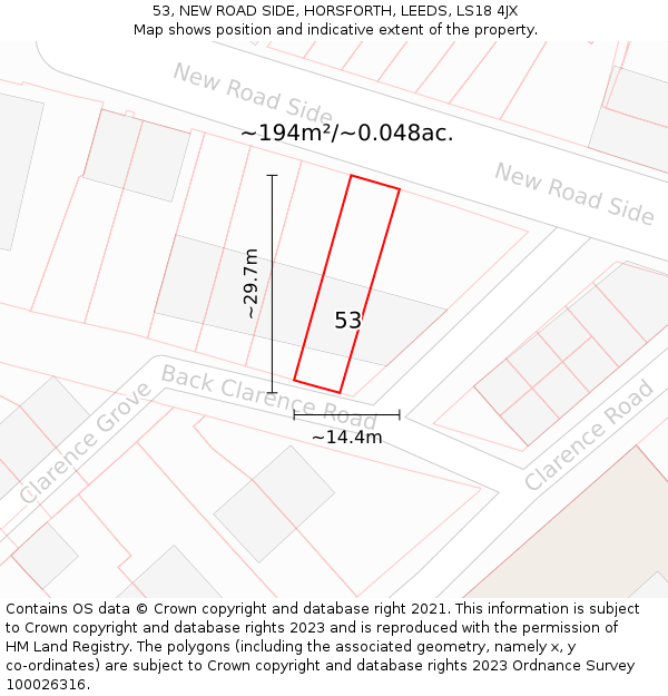 53, NEW ROAD SIDE, HORSFORTH, LEEDS, LS18 4JX: Plot and title map