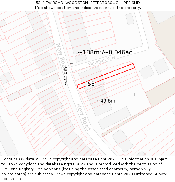 53, NEW ROAD, WOODSTON, PETERBOROUGH, PE2 9HD: Plot and title map