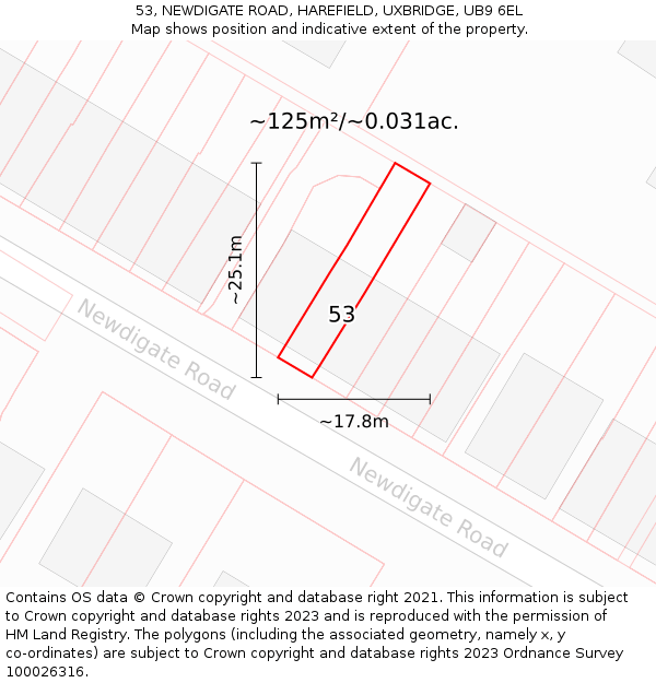 53, NEWDIGATE ROAD, HAREFIELD, UXBRIDGE, UB9 6EL: Plot and title map