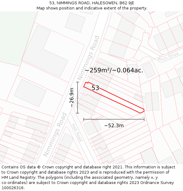 53, NIMMINGS ROAD, HALESOWEN, B62 9JE: Plot and title map