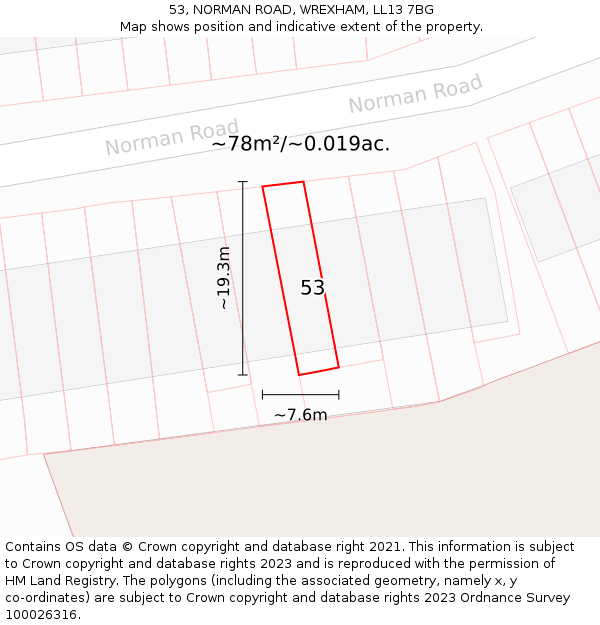 53, NORMAN ROAD, WREXHAM, LL13 7BG: Plot and title map