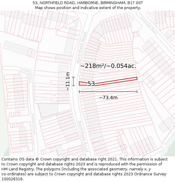 53, NORTHFIELD ROAD, HARBORNE, BIRMINGHAM, B17 0ST: Plot and title map
