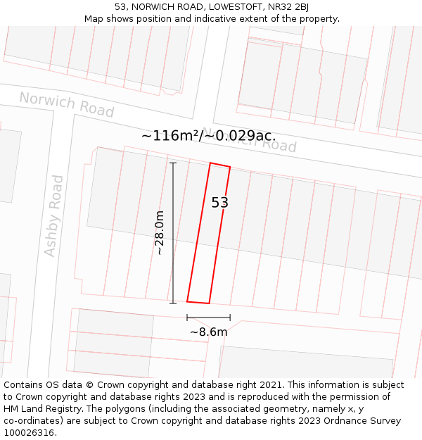 53, NORWICH ROAD, LOWESTOFT, NR32 2BJ: Plot and title map