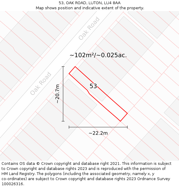 53, OAK ROAD, LUTON, LU4 8AA: Plot and title map
