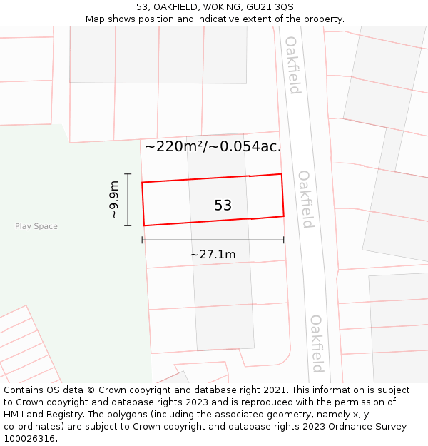 53, OAKFIELD, WOKING, GU21 3QS: Plot and title map