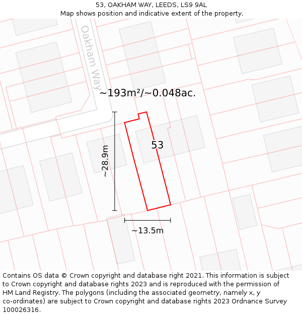 53, OAKHAM WAY, LEEDS, LS9 9AL: Plot and title map