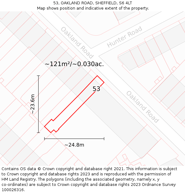 53, OAKLAND ROAD, SHEFFIELD, S6 4LT: Plot and title map