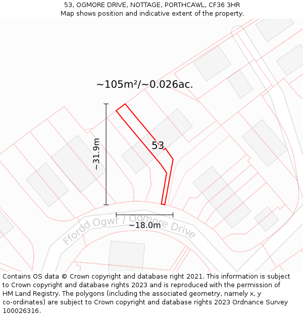53, OGMORE DRIVE, NOTTAGE, PORTHCAWL, CF36 3HR: Plot and title map