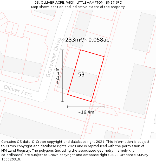 53, OLLIVER ACRE, WICK, LITTLEHAMPTON, BN17 6FD: Plot and title map
