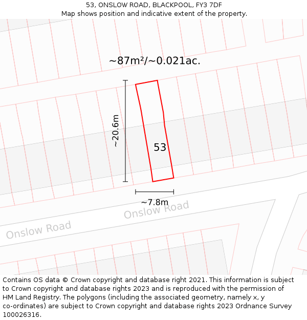 53, ONSLOW ROAD, BLACKPOOL, FY3 7DF: Plot and title map