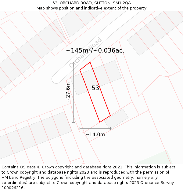 53, ORCHARD ROAD, SUTTON, SM1 2QA: Plot and title map