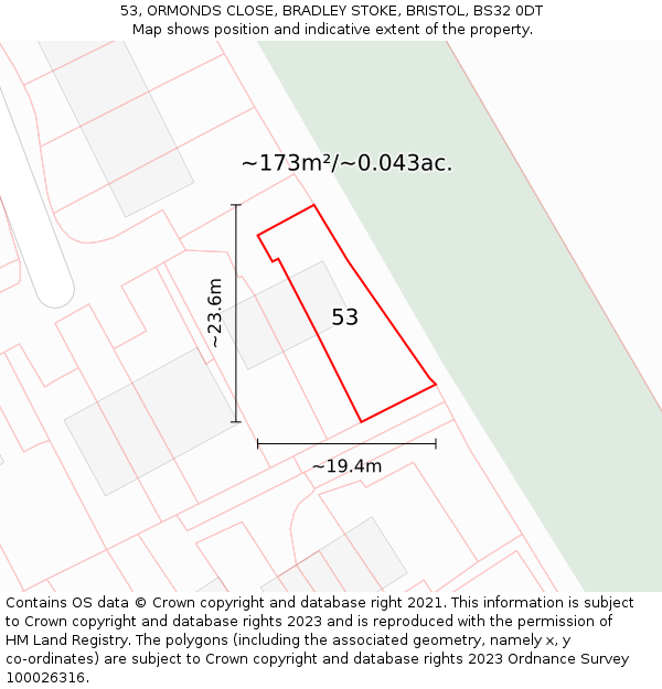 53, ORMONDS CLOSE, BRADLEY STOKE, BRISTOL, BS32 0DT: Plot and title map