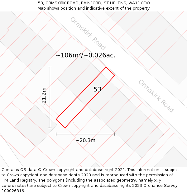 53, ORMSKIRK ROAD, RAINFORD, ST HELENS, WA11 8DQ: Plot and title map