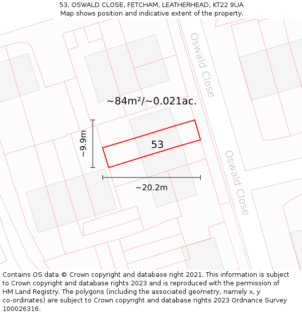 53, OSWALD CLOSE, FETCHAM, LEATHERHEAD, KT22 9UA: Plot and title map
