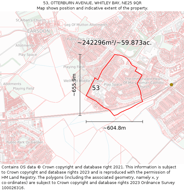 53, OTTERBURN AVENUE, WHITLEY BAY, NE25 9QR: Plot and title map