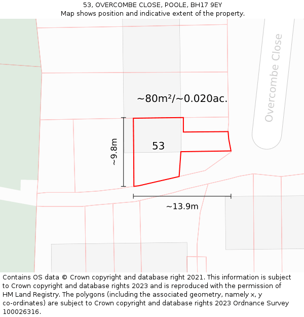 53, OVERCOMBE CLOSE, POOLE, BH17 9EY: Plot and title map
