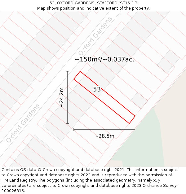 53, OXFORD GARDENS, STAFFORD, ST16 3JB: Plot and title map