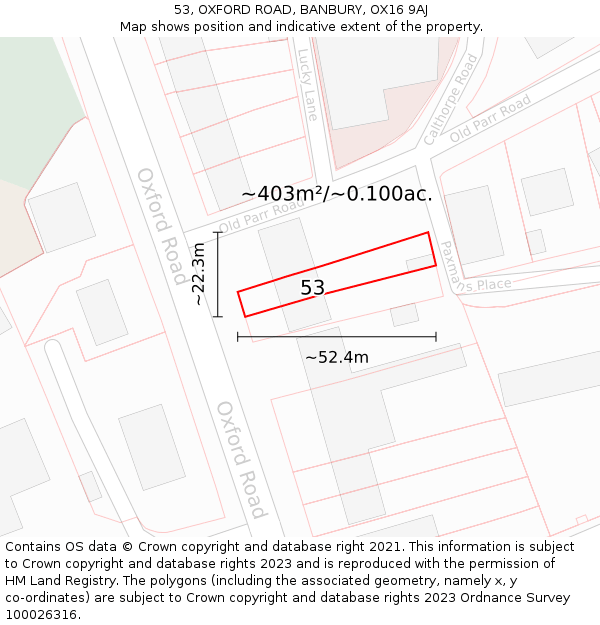 53, OXFORD ROAD, BANBURY, OX16 9AJ: Plot and title map