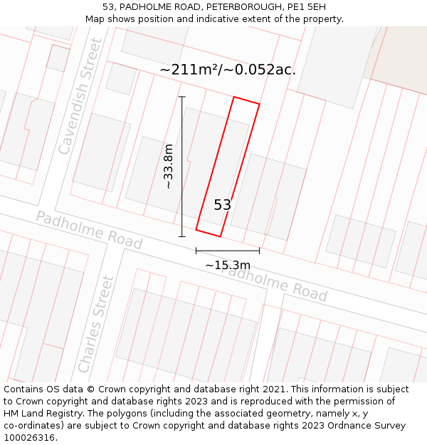 53, PADHOLME ROAD, PETERBOROUGH, PE1 5EH: Plot and title map