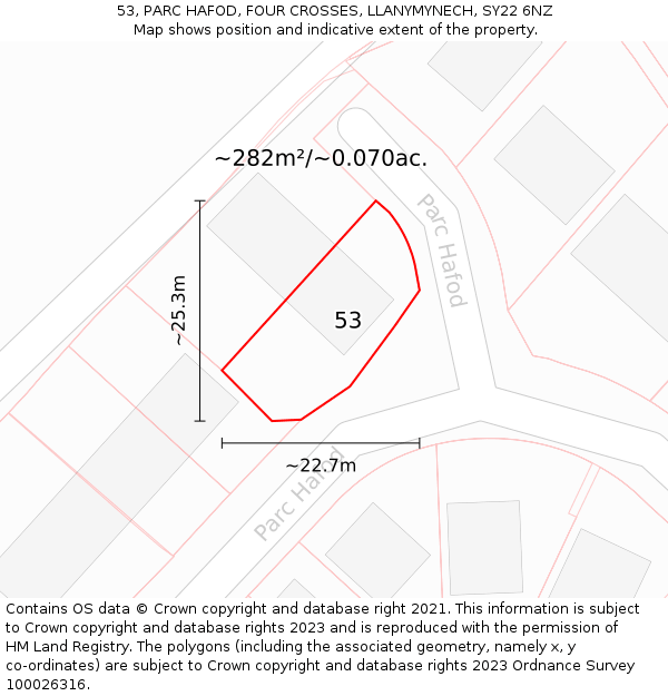 53, PARC HAFOD, FOUR CROSSES, LLANYMYNECH, SY22 6NZ: Plot and title map