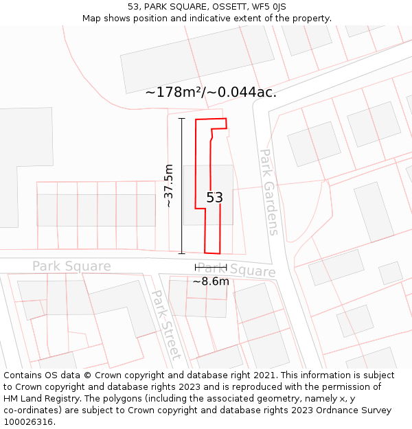 53, PARK SQUARE, OSSETT, WF5 0JS: Plot and title map