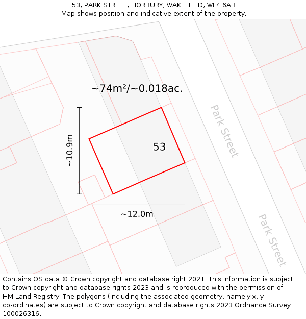 53, PARK STREET, HORBURY, WAKEFIELD, WF4 6AB: Plot and title map