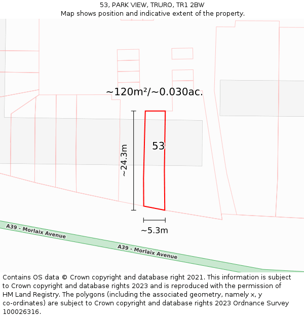 53, PARK VIEW, TRURO, TR1 2BW: Plot and title map