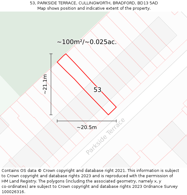 53, PARKSIDE TERRACE, CULLINGWORTH, BRADFORD, BD13 5AD: Plot and title map