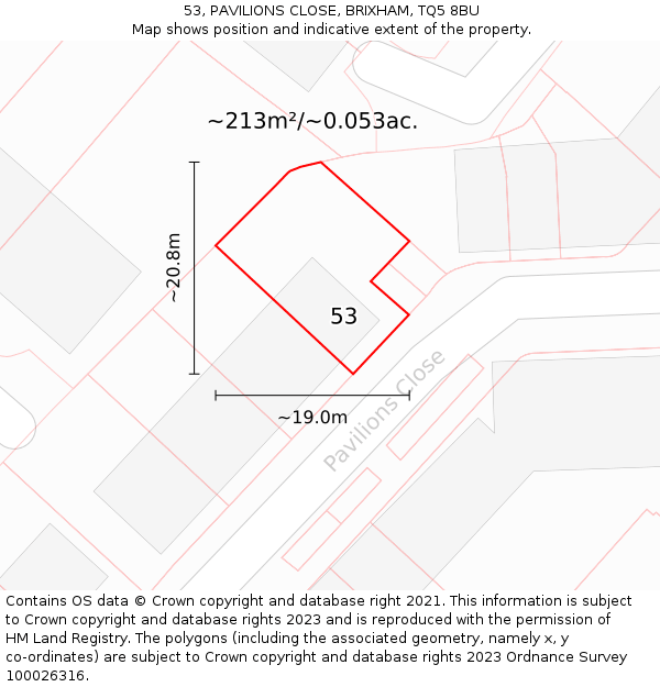 53, PAVILIONS CLOSE, BRIXHAM, TQ5 8BU: Plot and title map